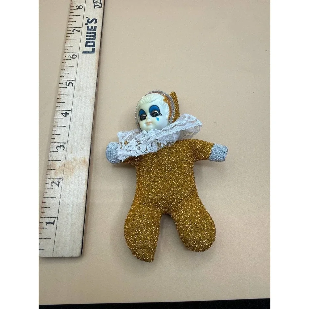 Vintage Pixie Clown Doll Ornament W/ Gold, Silver & Lace W/‎ Blue Blinking Eyes